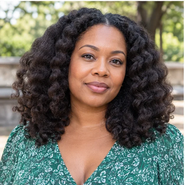 Black woman with a stretched natural braid-out and soft curled ends