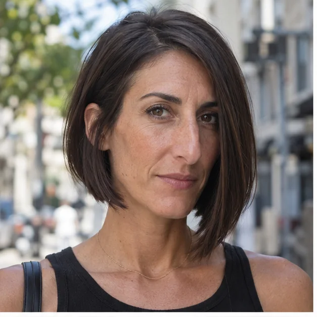 Long-faced woman wearing subtle asymmetric bob with one longer chin corner
