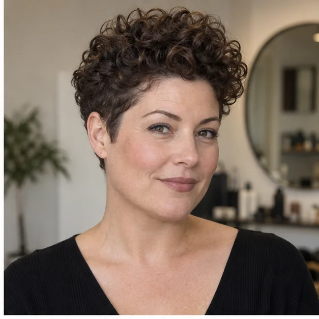 Woman with tapered sides and lifted curls at the crown