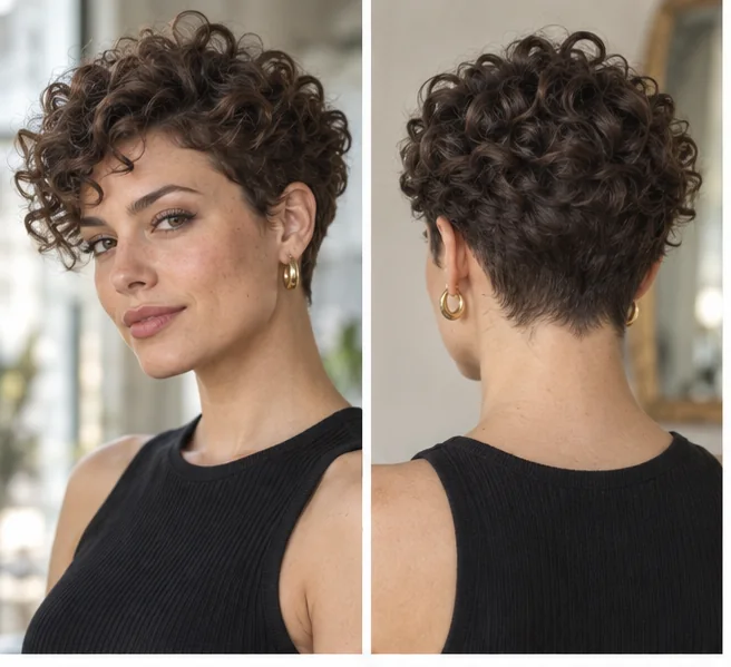 Same woman shown from front and back wearing a tapered curly crop