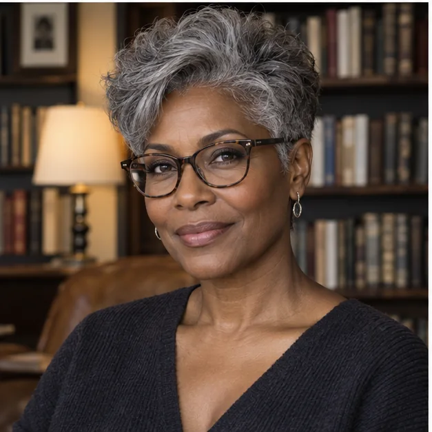 Woman wearing glasses with a softly tapered gray haircut