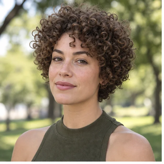 Woman with a curly crop and softly tapered sideburns