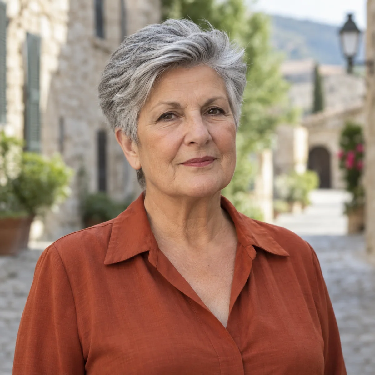 Woman over 60 with thick gray hair in a tapered short crop