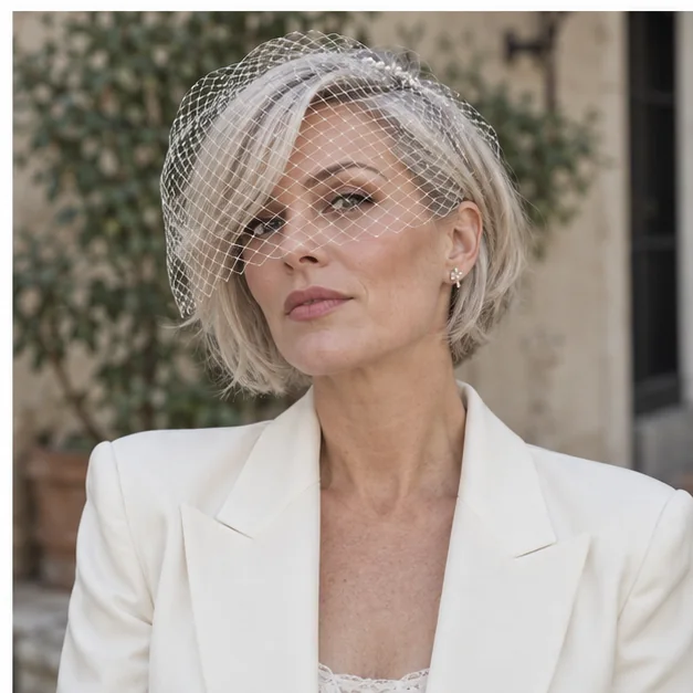 Bride with a textured short bob and birdcage veil