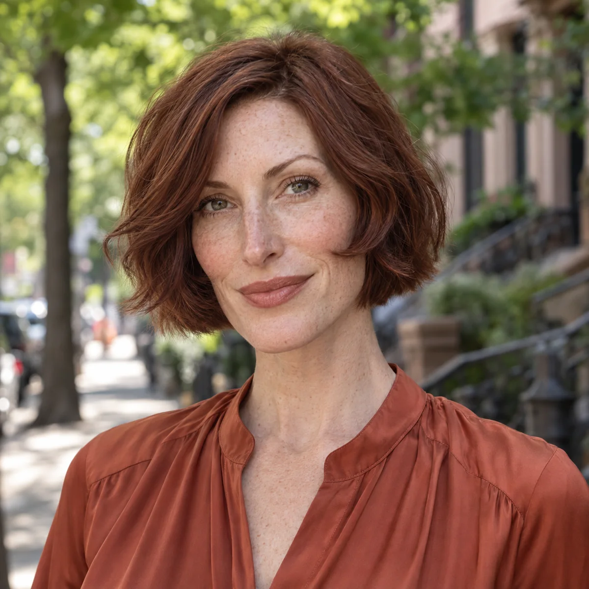 Woman with a long face wearing textured bob with cheekbone layers