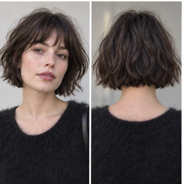 Same woman shown from front and back wearing a textured French bob