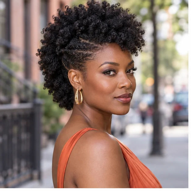 Black woman with a textured natural frohawk and pinned sides
