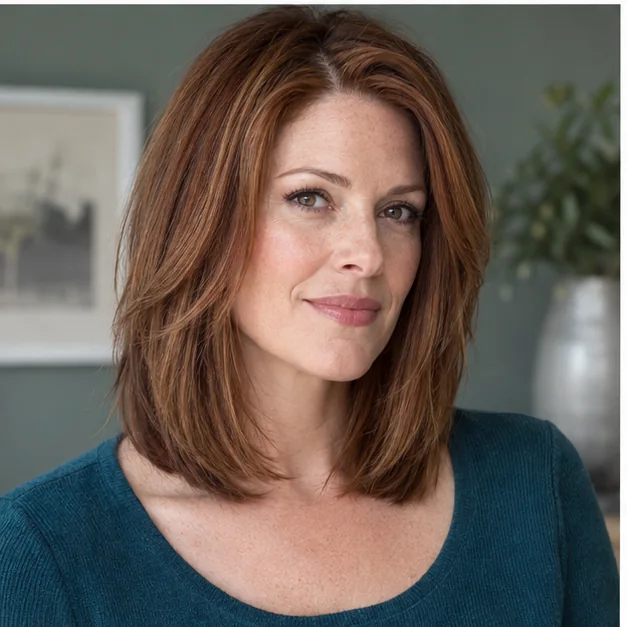 Woman with thin hair in a textured modern Rachel with piecey front layers