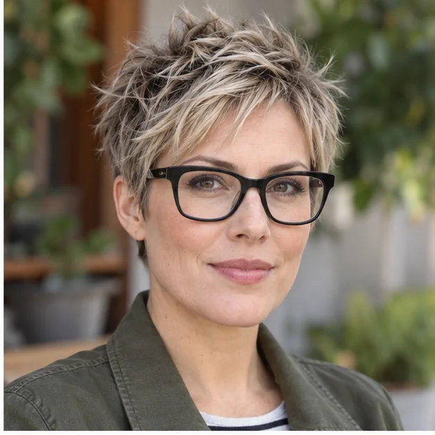 Woman in bold black glasses with a piecey textured pixie