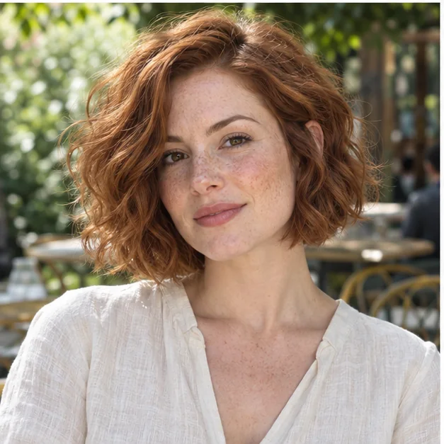 Woman with textured short wavy bob for thick hair