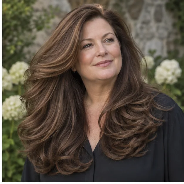 Woman with thick chestnut hair in a sweeping layered 90s blowout