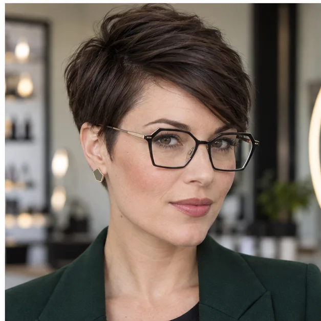 Woman in geometric glasses with a smooth thick-hair pixie