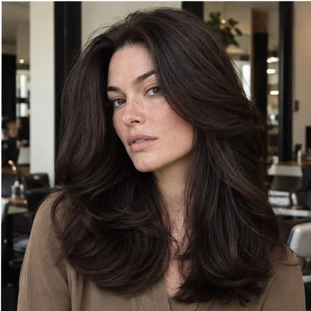 Woman with thick dark hair and weight-releasing face framing