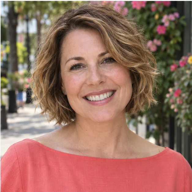 Woman with tousled short bob and flipped ends on thick hair