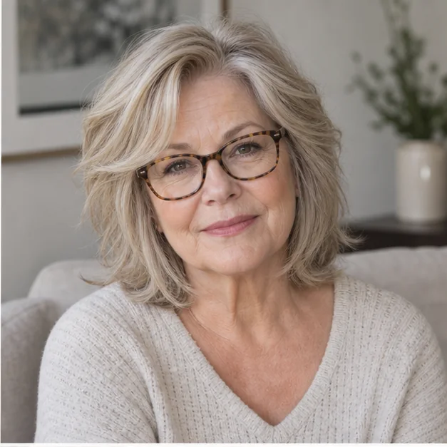 Woman over 50 with glasses and tousled medium layers