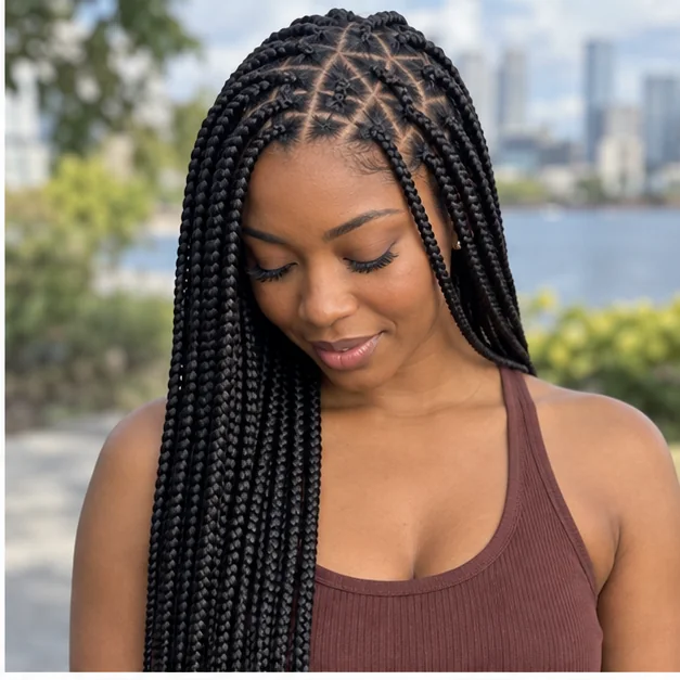 Black woman with triangle-part knotless braids