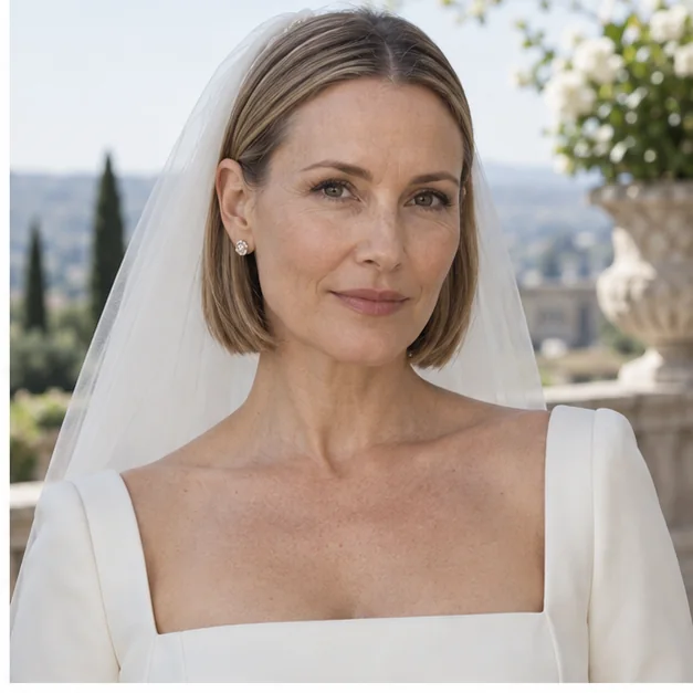 Bride with a tucked smooth bob and veil comb at the crown