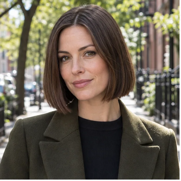 Tucked chin-length blunt bob with a clean full perimeter