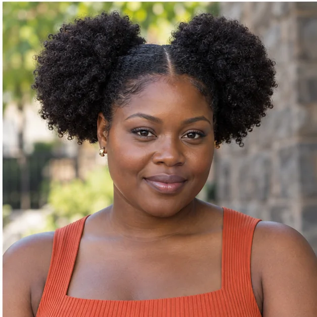 Black woman wearing two full natural hair puffs