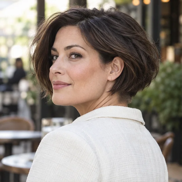 Woman with thick brunette hair wearing a soft bob with concealed nape undercut