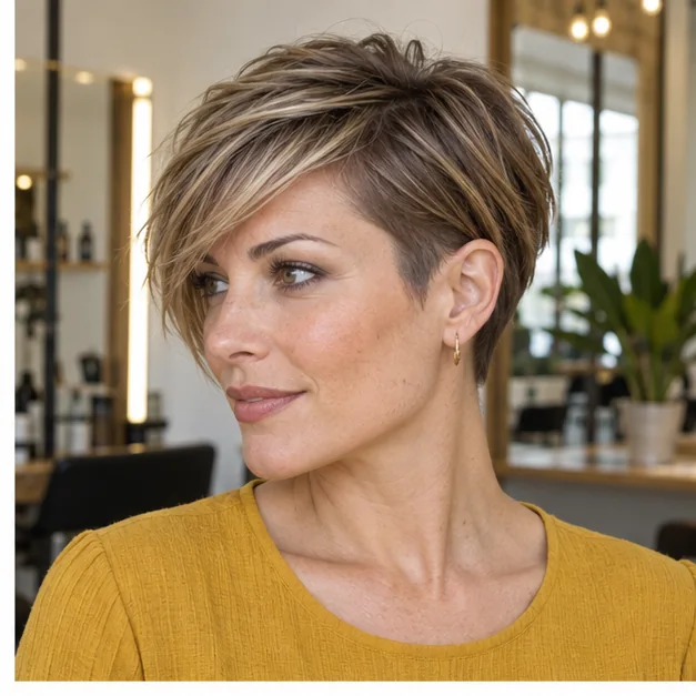 Undercut long pixie with sweeping fringe