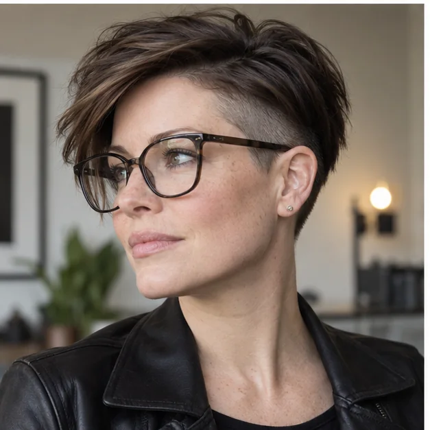 Woman wearing wide-arm glasses with a sleek undercut pixie
