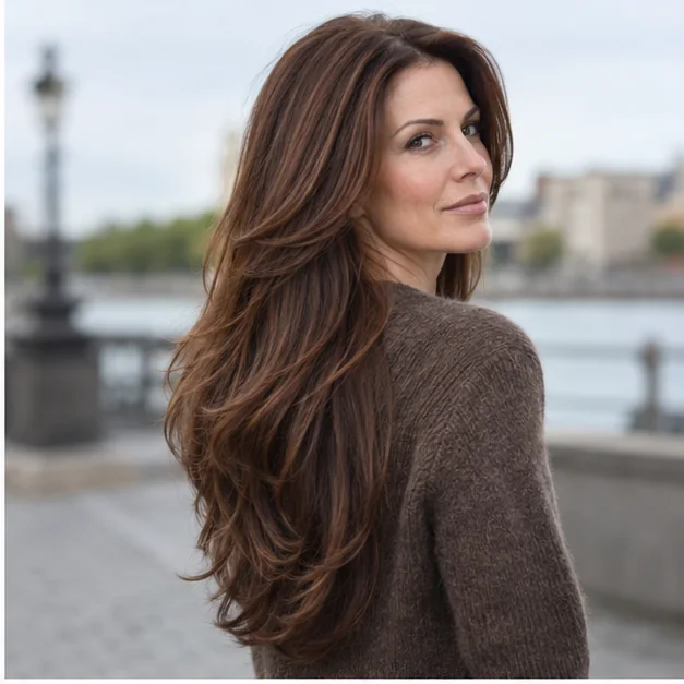 Woman with long chestnut hair cut into cascading V-shaped layers