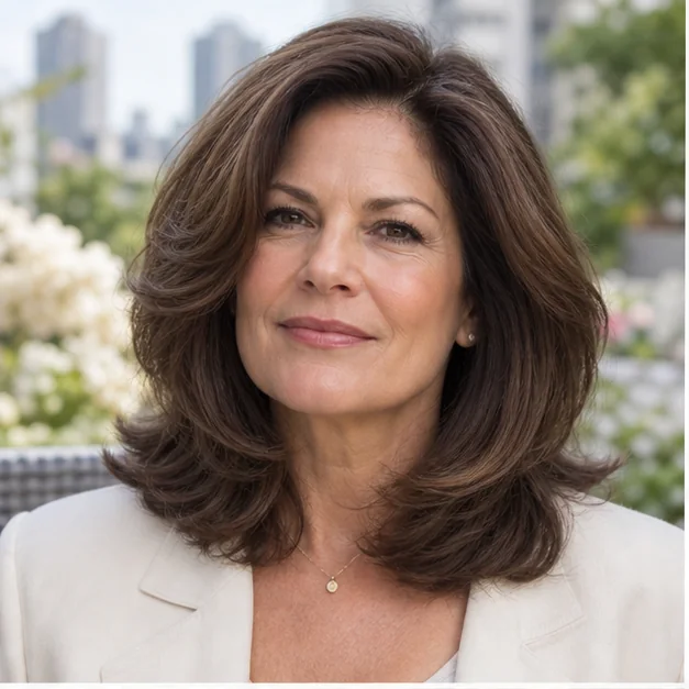 Woman over 50 with voluminous C-shaped medium layers