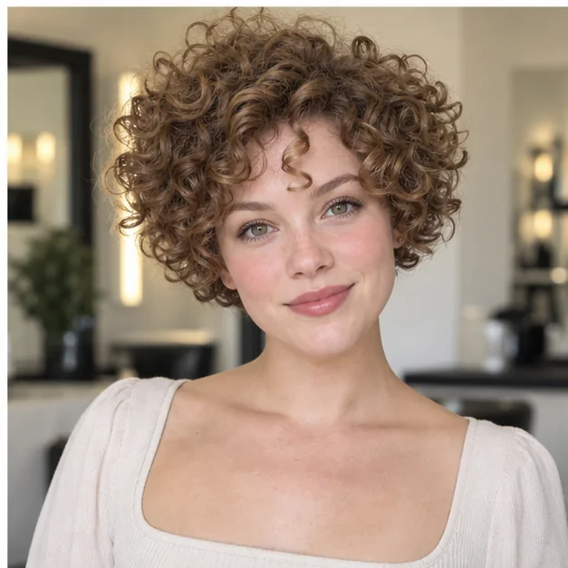 Woman with fine curls in a voluminous cropped haircut