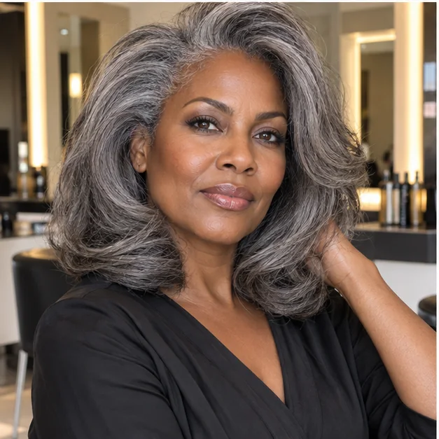Woman with a voluminous gray layered blowout