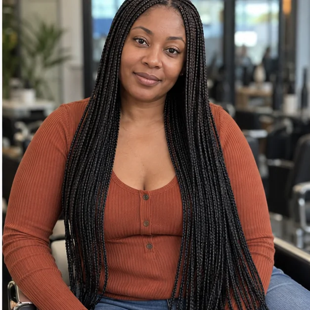 Black woman with waist-length knotless braids