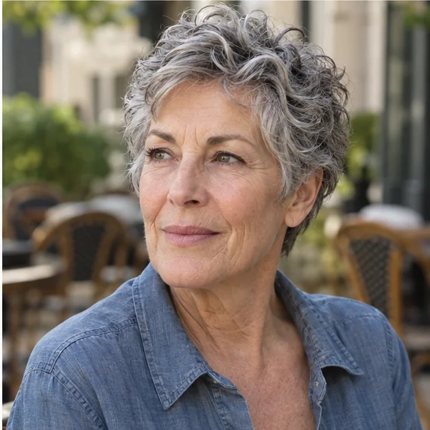 Woman over 60 with a naturally wavy gray pixie