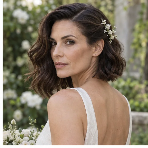 Bride with a softly waved long bob swept aside with tiny flowers