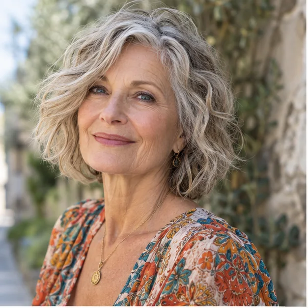 Woman over 50 with an air-dried wavy layered bob