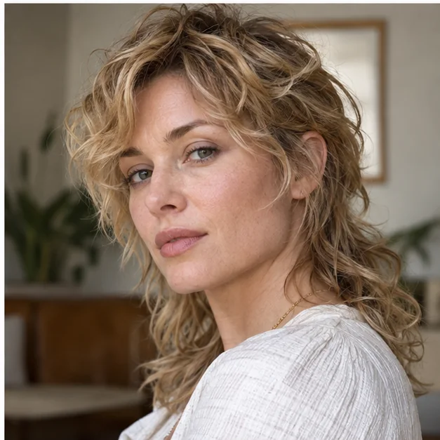 Woman with a naturally wavy air-dried modern mullet