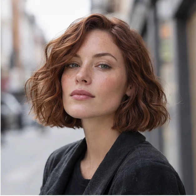 Woman with a wavy blunt bob and full ends