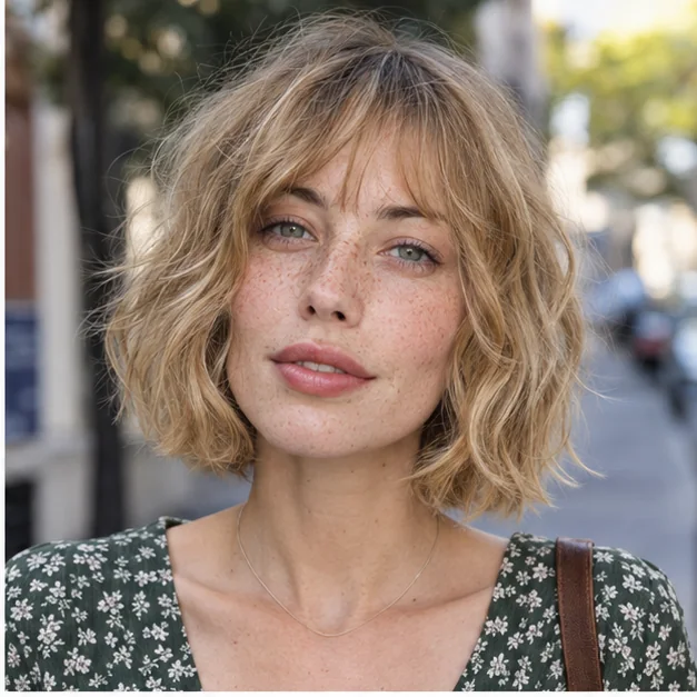 Woman with a long face wearing wavy chin bob with wispy bangs