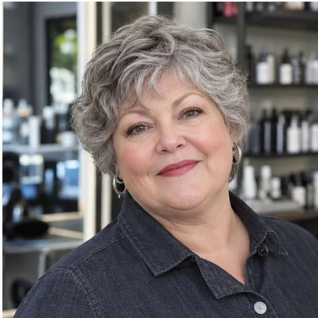 Woman over 60 with a short tousled wavy gray shag