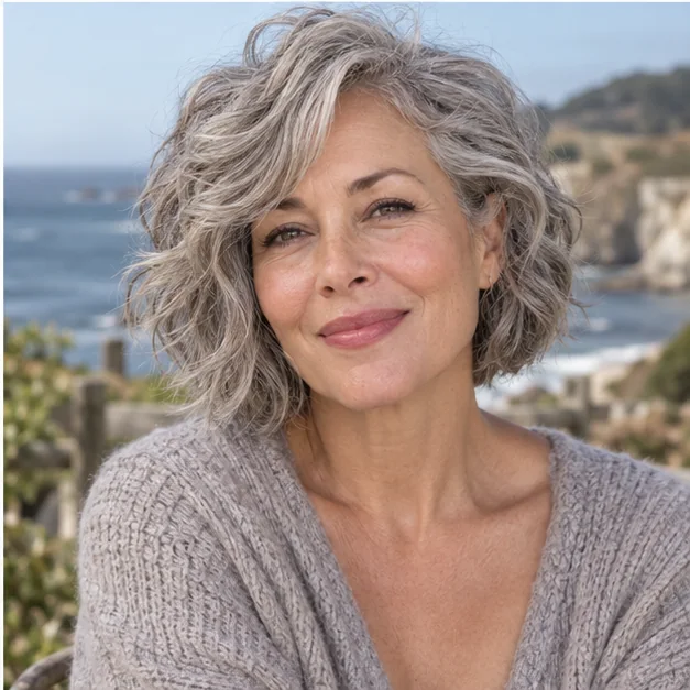Woman with a textured wavy gray bob