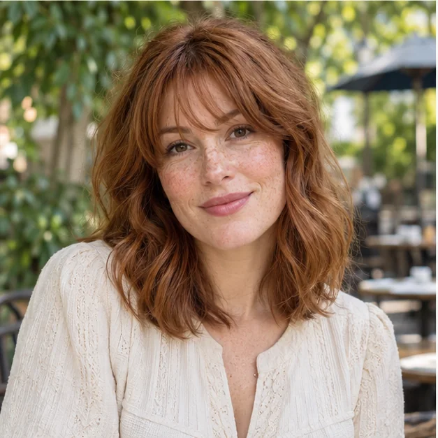 Woman with wavy shoulder length hair and wispy bangs