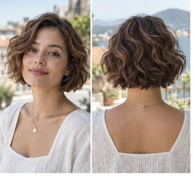 Same woman shown from front and back wearing a loose wavy jaw-length bob