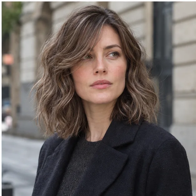 Woman with a wavy lob and soft side fringe