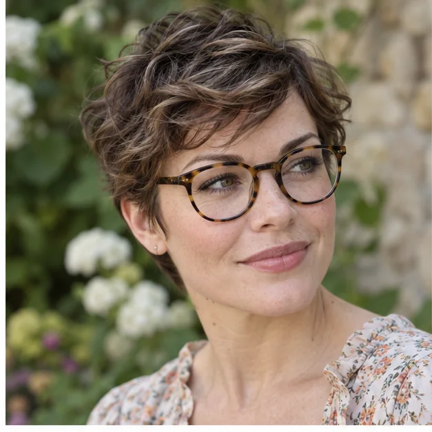 Woman in tortoiseshell glasses with a softly wavy brown pixie