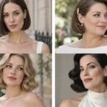 Four brides wearing sleek, waved, curly and accessorized wedding bob hairstyles