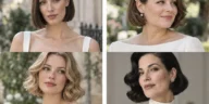 Four brides wearing sleek, waved, curly and accessorized wedding bob hairstyles