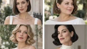 Four brides wearing sleek, waved, curly and accessorized wedding bob hairstyles