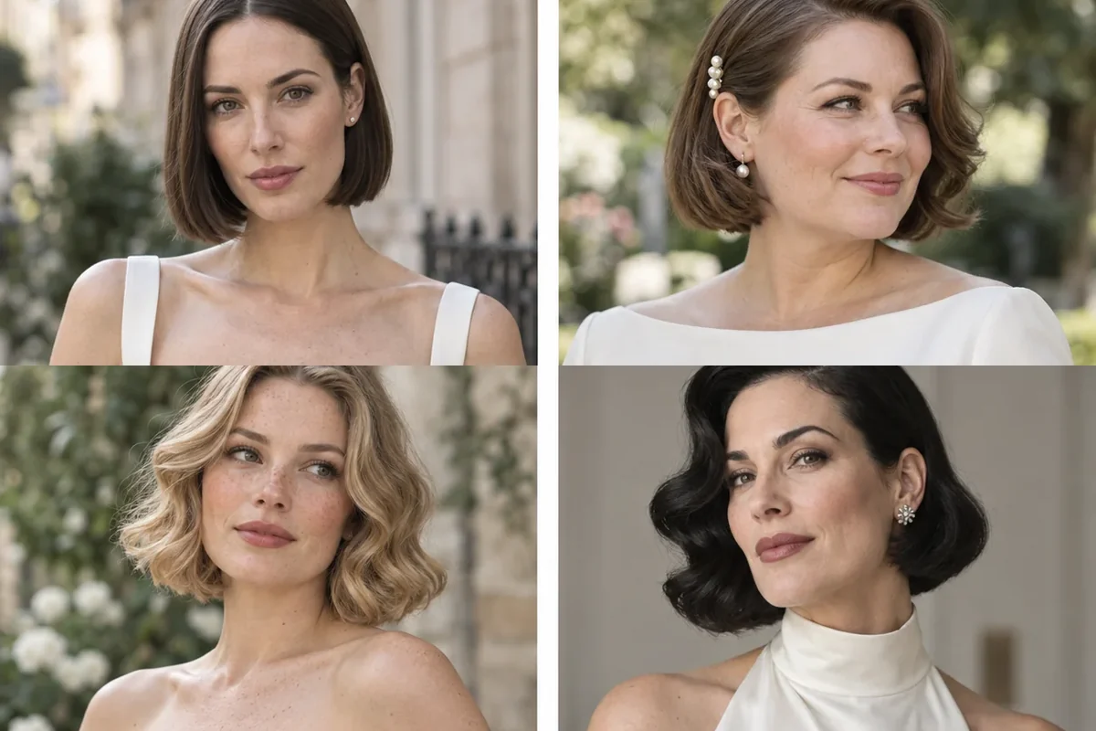 Four brides wearing sleek, waved, curly and accessorized wedding bob hairstyles