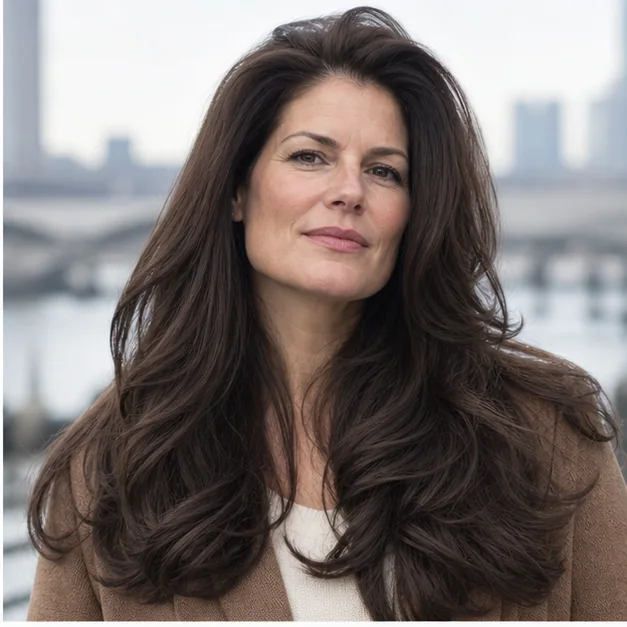 Woman with thick dark hair shaped by flowing weight-releasing long layers