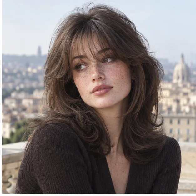 Woman with medium brunette hair and wispy bangs in a 90s blowout