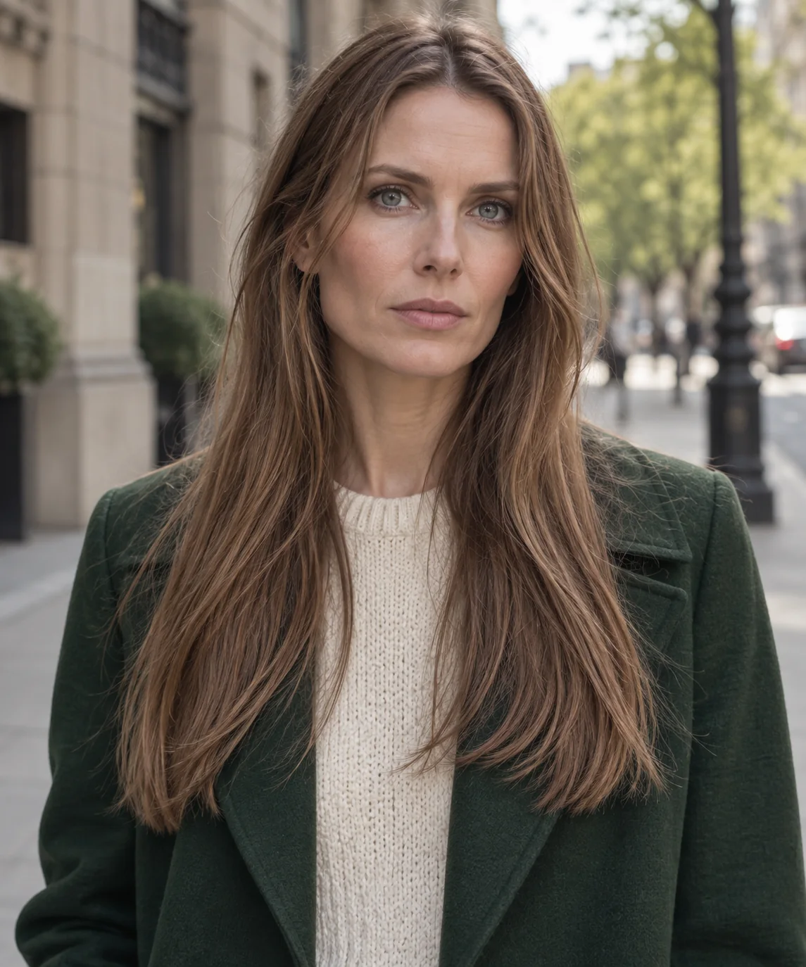 Woman with fine light brown hair and wispy face-framing layers